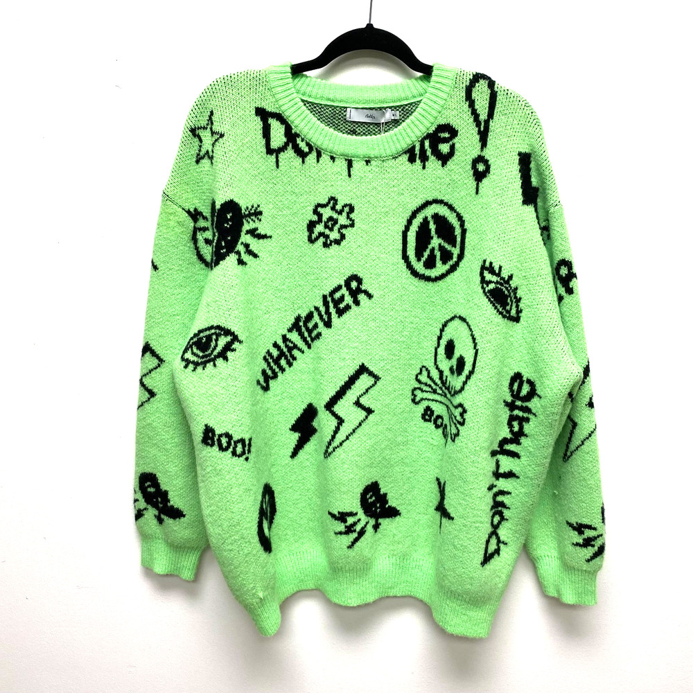 Adika Womens Green Graphic Crew Neck Long Sleeve Oversized Pullover Sweater M/L